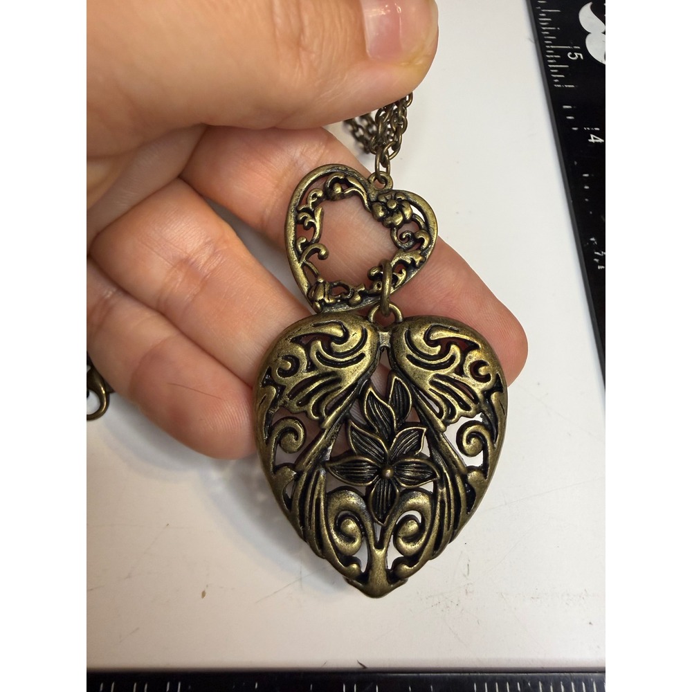 Antique Bronze Filigree Double Heart Pendant Necklace Floral Scrollwork Boho